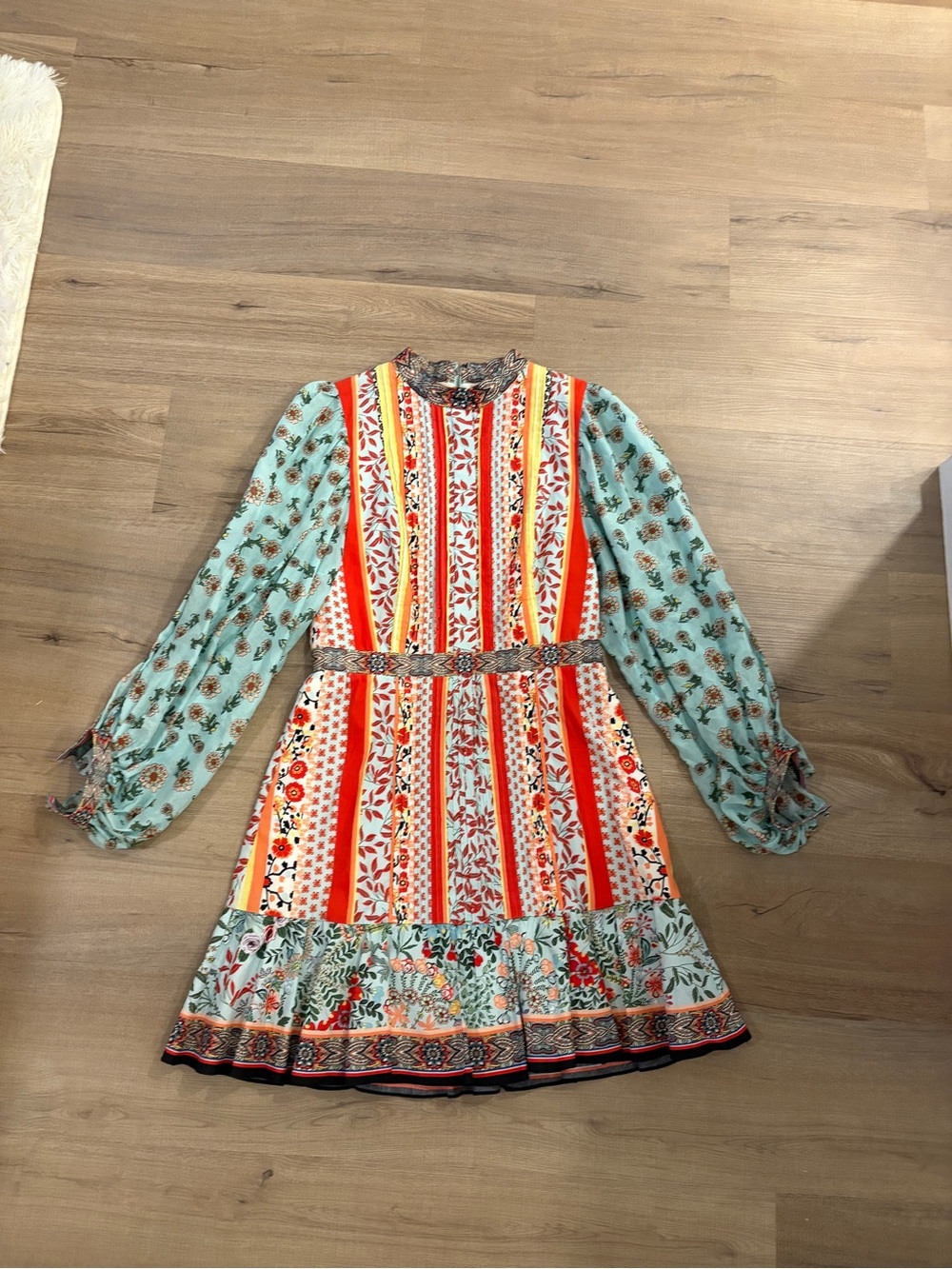 Alice + Olivia Mint-Green Sleeve Floral & Stripe Print Dress